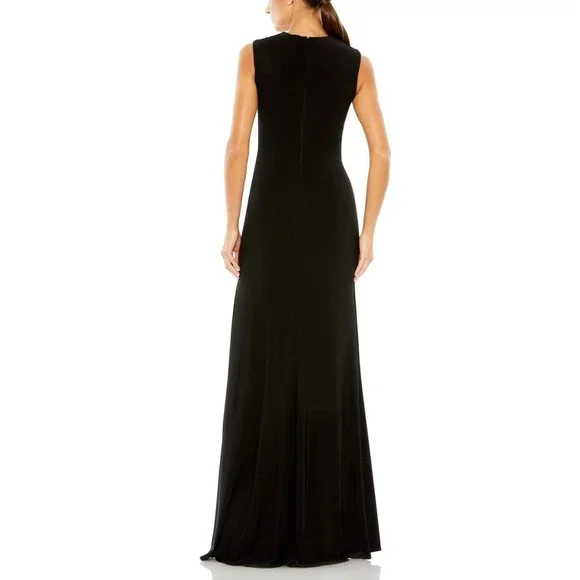 Ieena Mac Duggal 26890 Black V Neck Sleeveless Ruched Maxi Dress Side Slit Sz 6